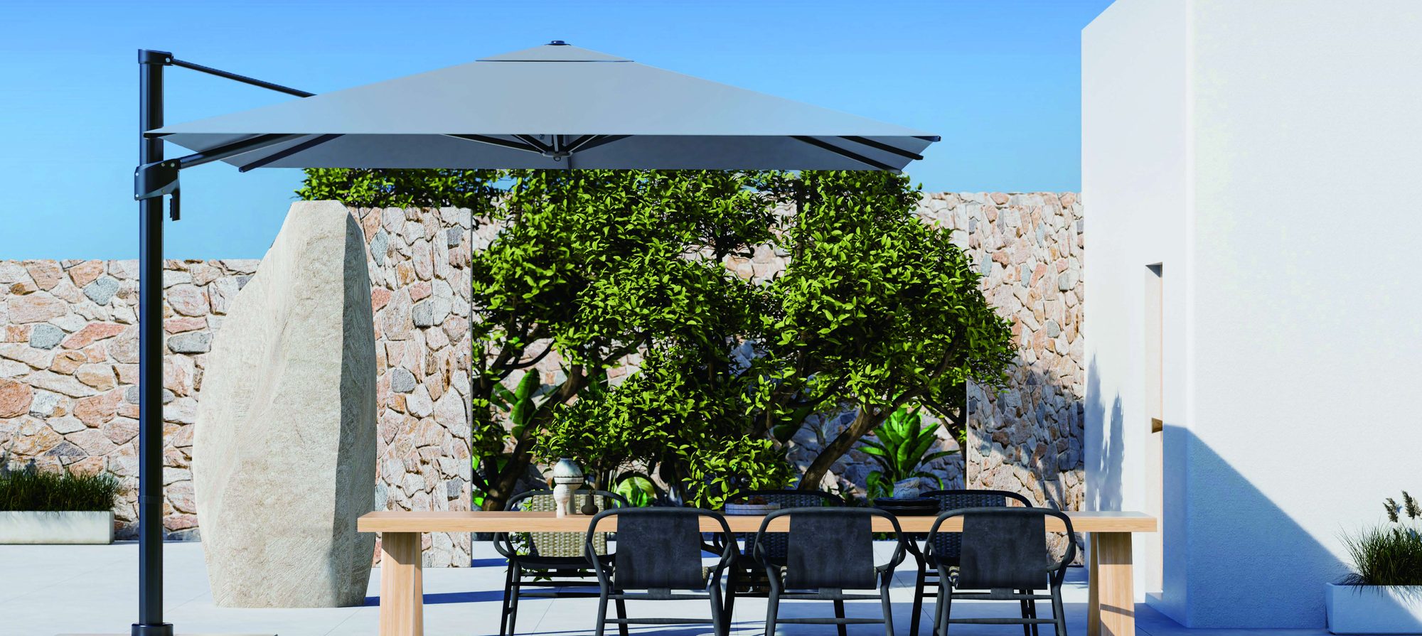 Cantilever parasol on a Mediterranean terrace